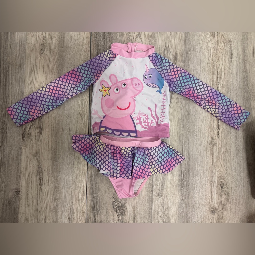 PatPat Girls Pink Purple Mermaid Peppa Pig Rashguard Swimsuit Set